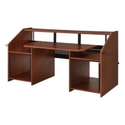 71 Inch Wood Music Desk Studio Workstation 3 Shelves Cherry Brown