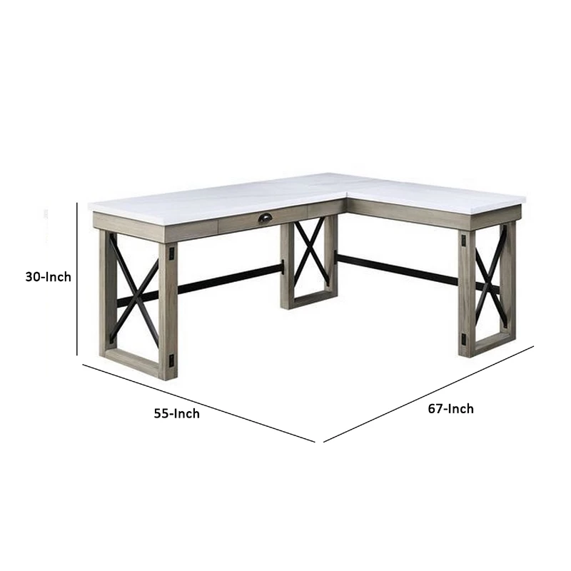L Shaped Writing Desk With Marble Lift Top And Sled Base Gray And White 5 L Shaped Writing Desk With Marble Lift Top And Sled Base Gray And White - Image 3