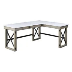 L Shaped Writing Desk With Marble Lift Top And Sled Base Gray And White