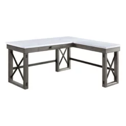 L Shape Writing Desk With Marble Lift Top And Sled Base Gray And White