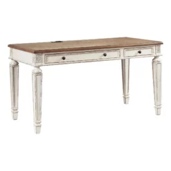 Transitional Wooden Office Desk With Carvings And Drawers White And Brown