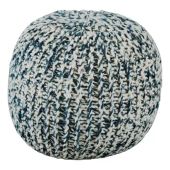 Round Pouf With Hand Knit Details Blue And White