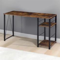 Wooden Writing Desk With 2 Tier Shelves And Tubular Metal Legs Brown And Black -CYMAX Sales 2683632 12 L