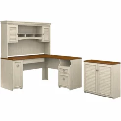 UrbanPro L Desk With Hutch And Low Storage In Antique White - Engineered Wood