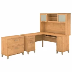 UrbanPro 60W L Shaped Desk With Hutch And File Cabinet In Maple Cross