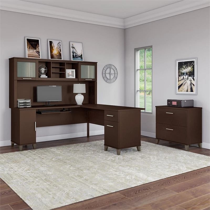 UrbanPro 72W L Shaped Desk With Hutch And File Cabinet In Mocha Cherry 4 UrbanPro 72W L Shaped Desk With Hutch And File Cabinet In Mocha Cherry - Image 2