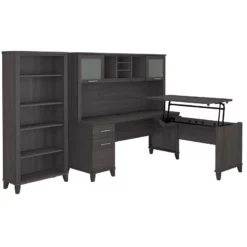 UrbanPro Sit To Stand L Desk Set With Bookcase In Storm Gray - Engineered Wood