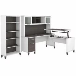 UrbanPro Sit To Stand L Desk Set With Bookcase In White/Gray - Engineered Wood
