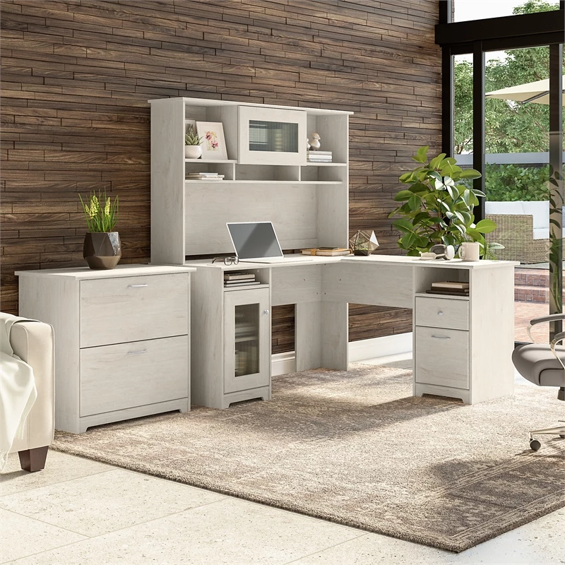UrbanPro L Desk With Hutch And File Cabinet In Linen White Oak - Engineered Wood 4 UrbanPro L Desk With Hutch And File Cabinet In Linen White Oak - Engineered Wood - Image 2