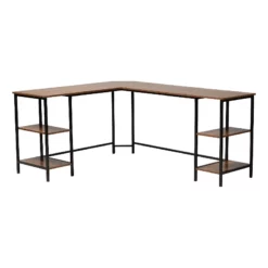 Baxton Studio Lydia Brown Wood And Black Metal L-Shaped Desk With Shelves