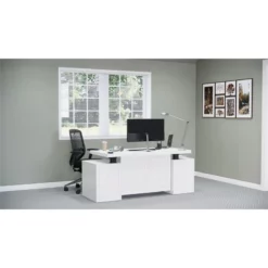 RoomAndLoft White Windsor Solid Wood Sit-Stand Storage Desk -CYMAX Sales 2725467 2 L