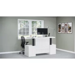 RoomAndLoft White Windsor Solid Wood Sit-Stand Storage Desk -CYMAX Sales 2725467 4 L