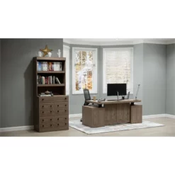 RoomAndLoft Gray Windsor Wood Sit-Stand Storage Desk With File Drawer Bookcase -CYMAX Sales 2725476 2 L