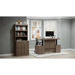 RoomAndLoft Gray Windsor Wood Sit-Stand Storage Desk With File Drawer Bookcase -CYMAX Sales 2725476 4 L