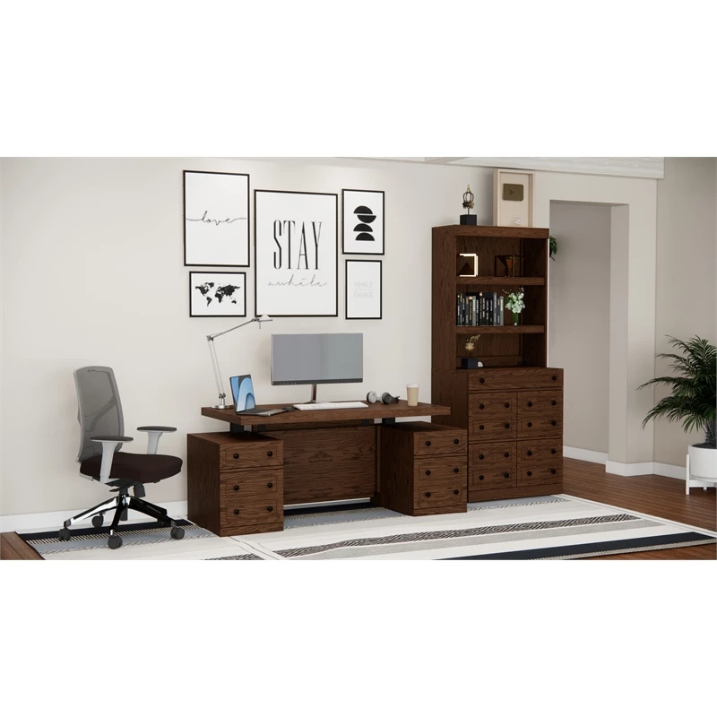 RoomAndLoft Brown Windsor Wood Sit-Stand Storage Desk With File Drawer Bookcase 7 RoomAndLoft Brown Windsor Wood Sit-Stand Storage Desk With File Drawer Bookcase - Image 5