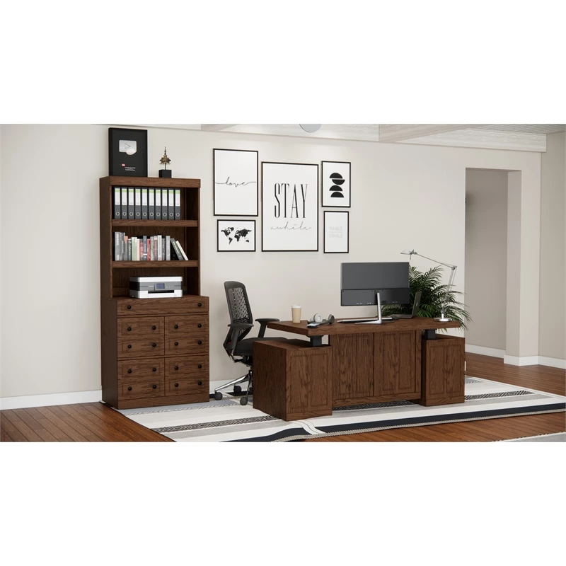 RoomAndLoft Brown Windsor Wood Sit-Stand Storage Desk With File Drawer Bookcase 9 RoomAndLoft Brown Windsor Wood Sit-Stand Storage Desk With File Drawer Bookcase - Image 7