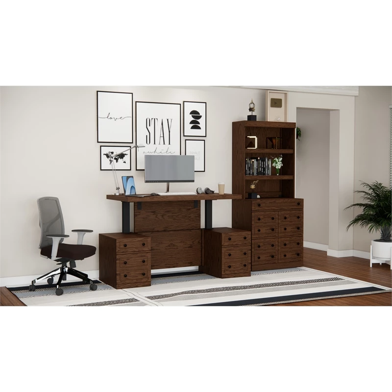 RoomAndLoft Brown Windsor Wood Sit-Stand Storage Desk With File Drawer Bookcase 8 RoomAndLoft Brown Windsor Wood Sit-Stand Storage Desk With File Drawer Bookcase - Image 6