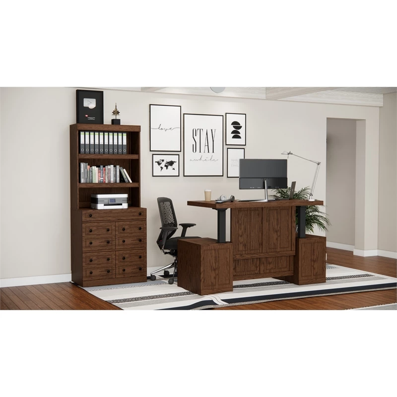RoomAndLoft Brown Windsor Wood Sit-Stand Storage Desk With File Drawer Bookcase 4 RoomAndLoft Brown Windsor Wood Sit-Stand Storage Desk With File Drawer Bookcase - Image 2