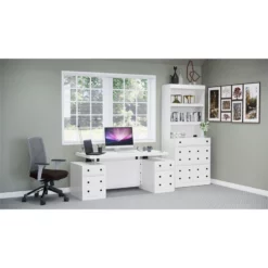 RoomAndLoft White Windsor Wood Sit-Stand Storage Desk With File Drawer Bookcase -CYMAX Sales 2725478 1 L