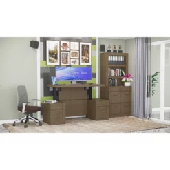 RoomAndLoft Gray Imperial Wood Sit-Stand Storage Desk With File Drawer Bookcase -CYMAX Sales 2725479 3 L