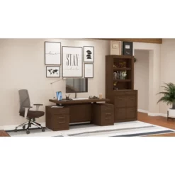 RoomAndLoft Brown Imperial Wood Sit-Stand Storage Desk With File Drawer Bookcase -CYMAX Sales 2725480 1 L