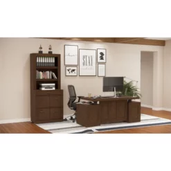 RoomAndLoft Brown Imperial Wood Sit-Stand Storage Desk With File Drawer Bookcase -CYMAX Sales 2725480 2 L