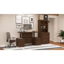 RoomAndLoft Brown Imperial Wood Sit-Stand Storage Desk With File Drawer Bookcase -CYMAX Sales 2725480 3 L