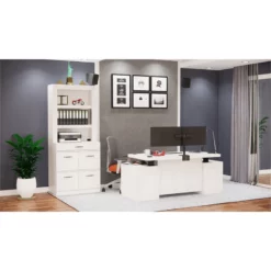 RoomAndLoft White Imperial Wood Sit-Stand Storage Desk With File Drawer Bookcase -CYMAX Sales 2725481 2 L