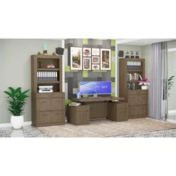RoomAndLoft Gray Imperial Sit-Stand Storage Desk With Two File Drawer Bookcases -CYMAX Sales 2726429 1 L