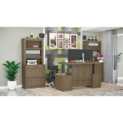 RoomAndLoft Gray Imperial Sit-Stand Storage Desk With Two File Drawer Bookcases -CYMAX Sales 2726429 4 L