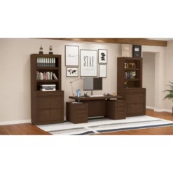 RoomAndLoft Brown Imperial Sit-Stand Storage Desk & Two File Drawer Bookcases -CYMAX Sales 2726430 1 L