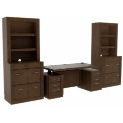 RoomAndLoft Brown Imperial Sit-Stand Storage Desk & Two File Drawer Bookcases