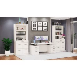 RoomAndLoft White Imperial Sit-Stand Storage Desk & Two File Drawer Bookcases -CYMAX Sales 2726431 1 L