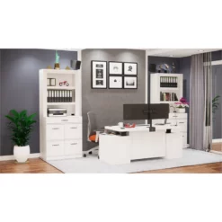 RoomAndLoft White Imperial Sit-Stand Storage Desk & Two File Drawer Bookcases -CYMAX Sales 2726431 2 L