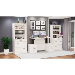 RoomAndLoft White Imperial Sit-Stand Storage Desk & Two File Drawer Bookcases -CYMAX Sales 2726431 3 L
