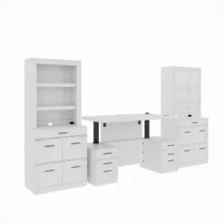 RoomAndLoft White Imperial Sit-Stand Storage Desk & Two File Drawer Bookcases -CYMAX Sales 2726431 4 L