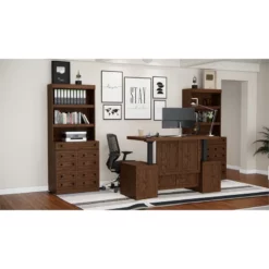 RoomAndLoft Brown Windsor Sit-Stand Storage Desk With Two File Drawer Bookcases -CYMAX Sales 2726433 3 L