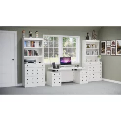 RoomAndLoft White Windsor Sit-Stand Storage Desk With Two File Drawer Bookcases -CYMAX Sales 2726434 1 L