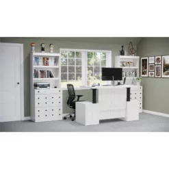 RoomAndLoft White Windsor Sit-Stand Storage Desk With Two File Drawer Bookcases -CYMAX Sales 2726434 4 L