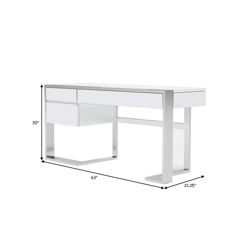 Benzara Cid Amy 3-Drawer Wood & Stainless Steel Office Desk In White And Chrome 7 Benzara Cid Amy 3-Drawer Wood & Stainless Steel Office Desk In White And Chrome - Image 5