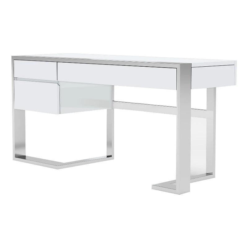 Benzara Cid Amy 3-Drawer Wood & Stainless Steel Office Desk In White And Chrome 3 Benzara Cid Amy 3-Drawer Wood & Stainless Steel Office Desk In White And Chrome