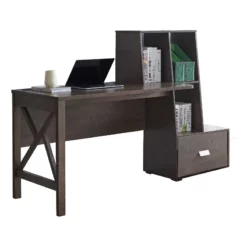 Benzara 1-Drawer Wood Office Desk With Rectangular Top In Walnut Brown