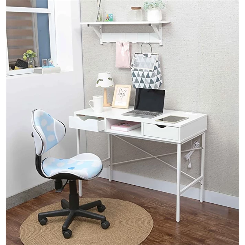 JJS Large Wood Writing Desk With Drawer USB Ports Charging Station In White 4 JJS Large Wood Writing Desk With Drawer USB Ports Charging Station In White - Image 2