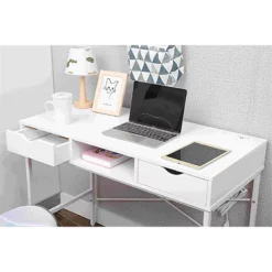 JJS Large Wood Writing Desk With Drawer USB Ports Charging Station In White 9 JJS Large Wood Writing Desk With Drawer USB Ports Charging Station In White -CYMAX Sales 2730005 2 L
