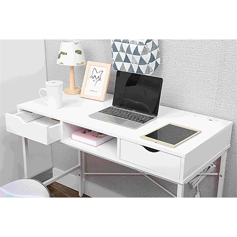 JJS Large Wood Writing Desk With Drawer USB Ports Charging Station In White 5 JJS Large Wood Writing Desk With Drawer USB Ports Charging Station In White - Image 3