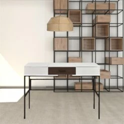 'HomeRoots '42" White Natural Wood And Black Rectangular Writing Desk With USB -CYMAX Sales 2734208 2 L