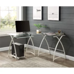 'HomeRoots '51" Clear Glass And White Metal L Shape Computer Desk -CYMAX Sales 2734211 4 L