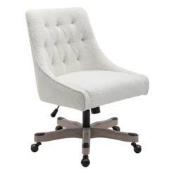 Tindal Office Chair-White Boucle Fabric Rustic Wood Base