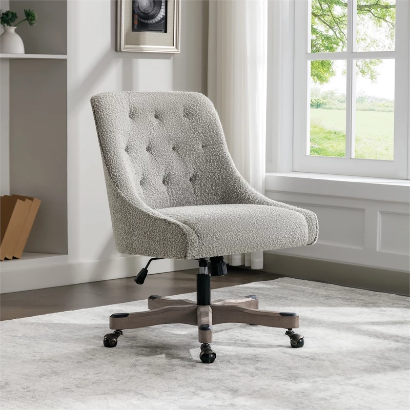 Tindal Office Chair-Salt And Pepper Gray Boucle Fabric Rustic Wood Base 4 Tindal Office Chair-Salt And Pepper Gray Boucle Fabric Rustic Wood Base - Image 2