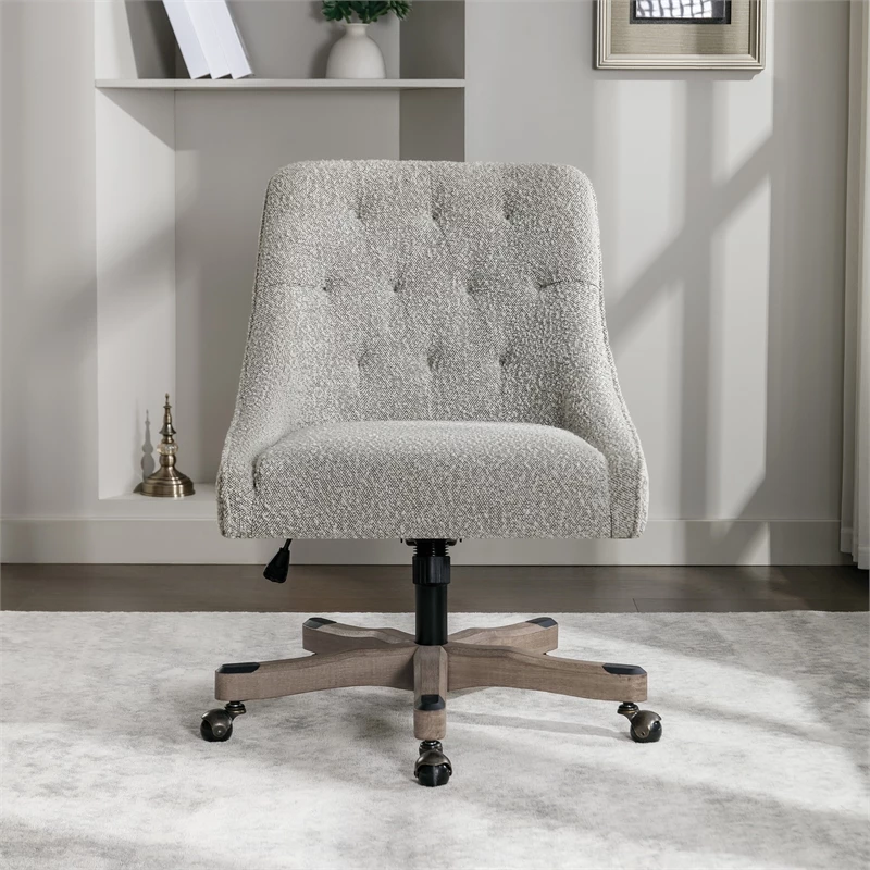 Tindal Office Chair-Salt And Pepper Gray Boucle Fabric Rustic Wood Base 5 Tindal Office Chair-Salt And Pepper Gray Boucle Fabric Rustic Wood Base - Image 3